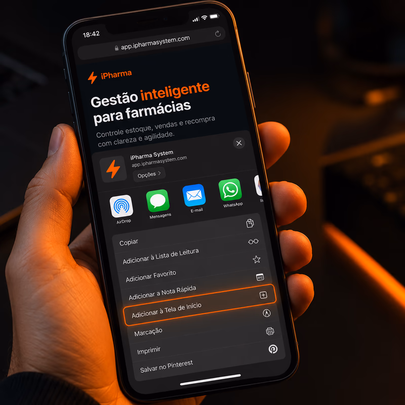 Safari iOS com opcao Adicionar a tela inicial selecionada